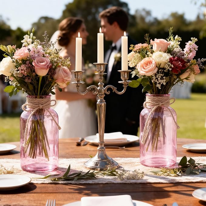 Vintage Glass Flower Vase, Farmhouse Glass Centerpiece Vases Mason Jars for Weddings, Parties & Home Decor Bulk (6, Pink)
