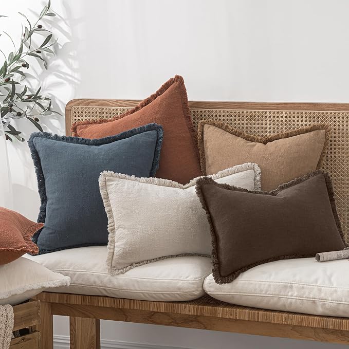 MIULEE Decorative Throw Pillow Covers Neutral Linen Fringe Throw Pillows Set of 2 Reddish Brown Boho Farmhouse Cushion Covers for Couch Sofa Bed Living Room Fall Home Decor 16x16 Inch