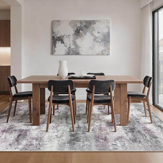BEIMO Area Rugs 6x9 for Living Room Bedroom, Modern Abstract Machine Washable Rug, Large Soft Low Pile Floor Carpet with Non Slip Backing for Dining Room, Grey/Purple
