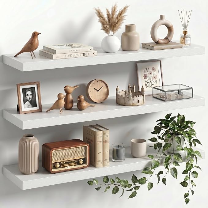 36" Floating Shelves for Wall, Set of 3, 8" Deep, 1.5" Thick, White | Rustic Wood Wall Shelves with Invisible Brackets, Storage and Display for Bathroom, Bedroom, Living Room or Kitchen