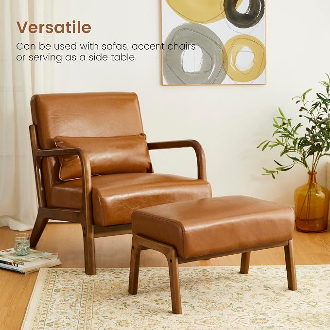 Glitzhome 15.5"(H) Footrest Stool, Leatherette Ottoman, Accent Padded Sofa Foot Stool for Accent Chair, Wood Frame Foot Rest Ottoman for Living Room, Bedroom, Yellowish-Brown