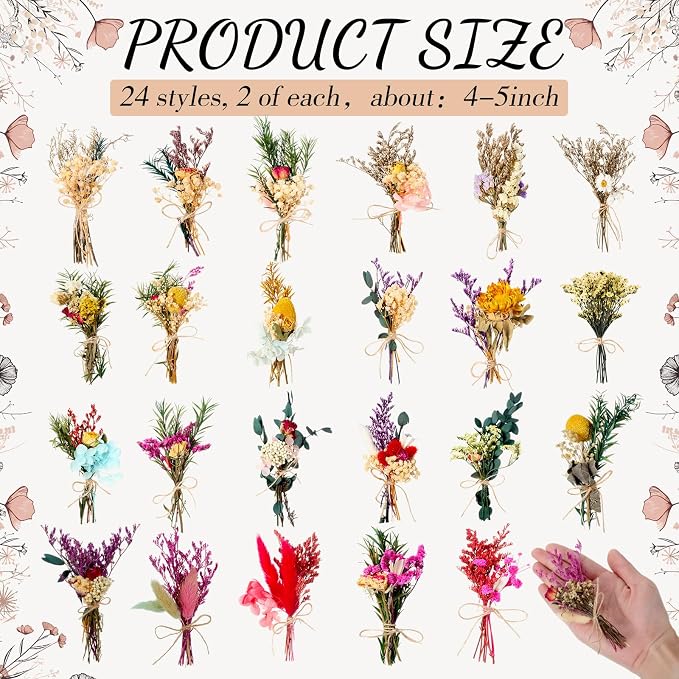 Tinideya 48 Pcs Dried Flowers Bouquet Boho Mini Dried Flower with Stem Small Floral Plants Mixed Natural Flowers Bundles for Crafts Vase DIY Photo Props Wedding Decoration
