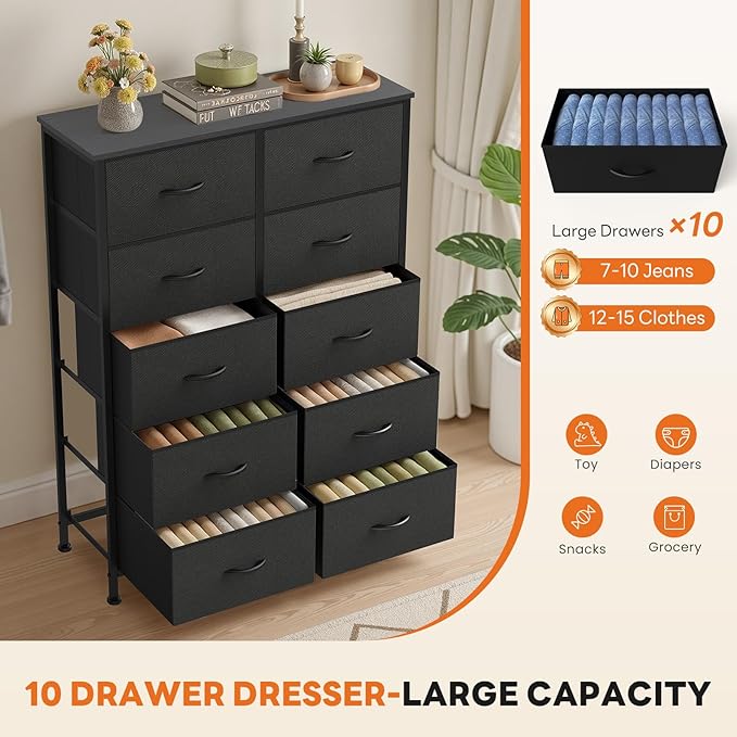Sweetcrispy Black Dresser for Bedroom, 10 Drawer Tall Dresser, Fabric Storage Tower with Bins, Chest Organizer Unit for Bedroom Closet, Hallway, Steel Frame Wood Top, Easy Pull Handle