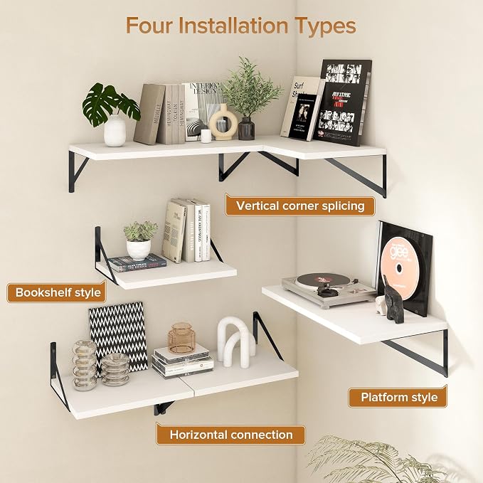 Acovy Deep Floating Shelves Wall Mounted, 24"x12" White Wall Shelves with Brackets Set of 2 for Bedroom, Living Room, Bathroom, Kitchen, Office - Storage & Display Shelf for Decor, Books, Plants