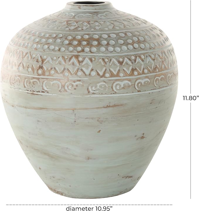 Deco 79 Ceramic Decorative Vase Antique Style Wide Rounded Centerpiece Vase with Geometric Tribal Carvings, Flower Vase for Home Decoration 11" x 11" x 12", Green