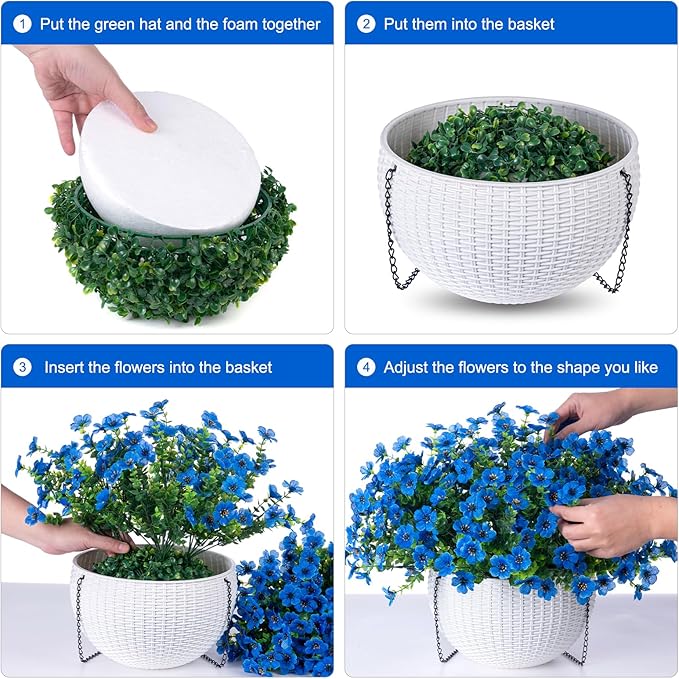 HyeFlora Artificial Fake Hanging Plants Flowers Basket for Outdoor Outside Decoration, Faux Silk Blue Daisy UV Resistant Look Real for Porch Patio Balcony Home Yard