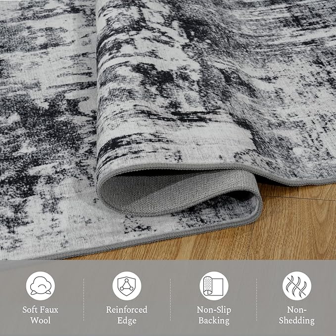Rugflix 10x14 Area Rugs for Living Room, Black Grey Large Rug Stain-Resistant Low Pile, Big Washable Dark Carpet Non-Slip for Bedroom Dining Room Home Office Nursery Room