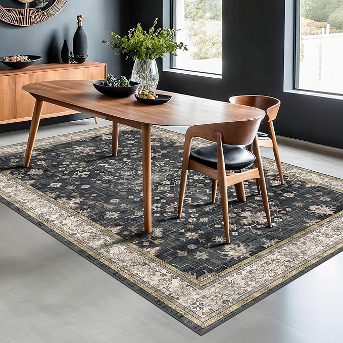 Boho Dining Room Rugs for Under Table - 6x9 Washable Black Area Rug For Living Room, Low Pile Non-Slip Rugs for Bedroom, Office - Charming Farmhouse Decor & Stain Resistance (6x9 Black/Multi)