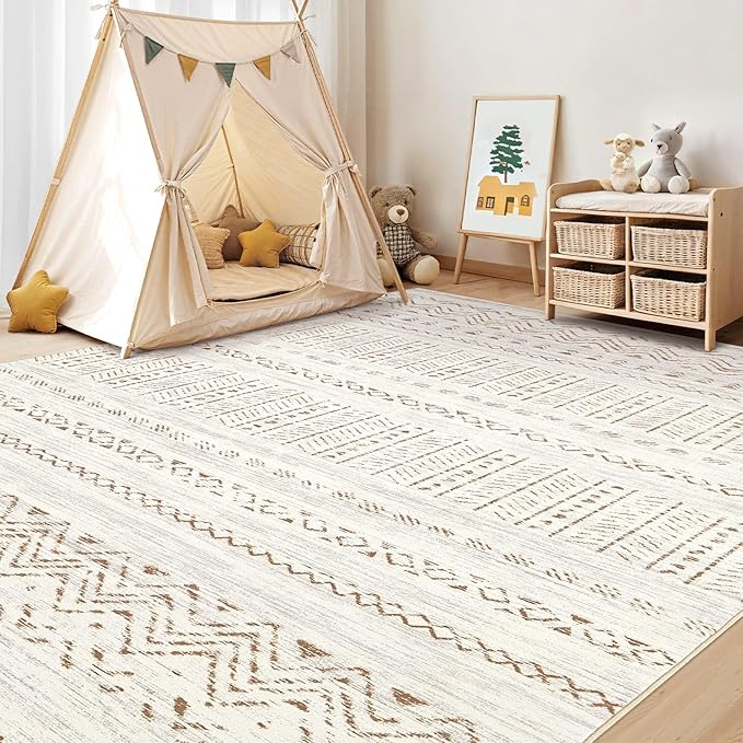 cotiled 5x8 Area Rug Living Room: Washable Boho Rugs with Non Slip Backing Large Soft Indoor Stain Resistant Carpet for Bedroom Farmhouse Dining Room Lightweight Home Decor Brown/Cream