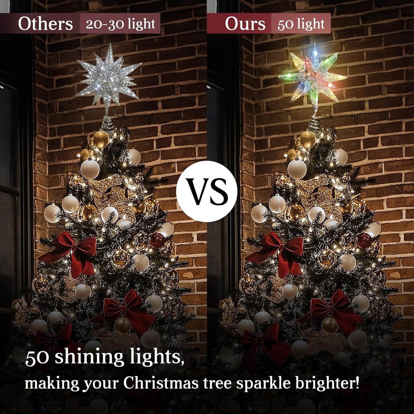 Christmas Star Tree Topper, 3D Geometric Star Decorative Treetop with Colorful 50 LED Light Beads for Home Holiday Xmas Tradition, Timer Function, Silver