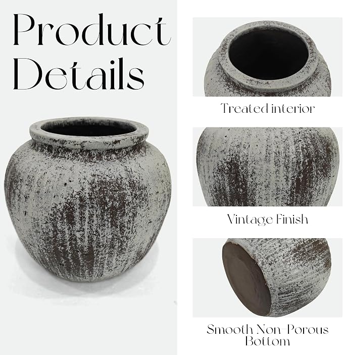 Oakrain Large Rustic Vase, 11" Distressed Round Floor Vase for Home Decor, Farmhouse Centerpieces Planters for Living Room Indoor Outdoor Use, Gray