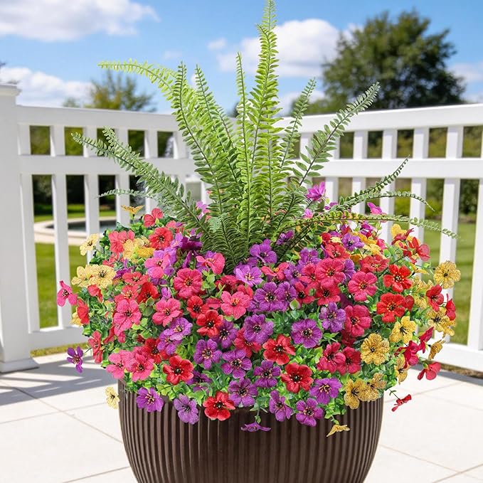 INQCMY Artificial Flowers for Outdoor 12 Pcs Faux Silk Daisy and 1 Pcs Fake Long Leaved Grass UV Resistant Tall Ferns for Home Doorway Courtyard Garden Backyard Decorative