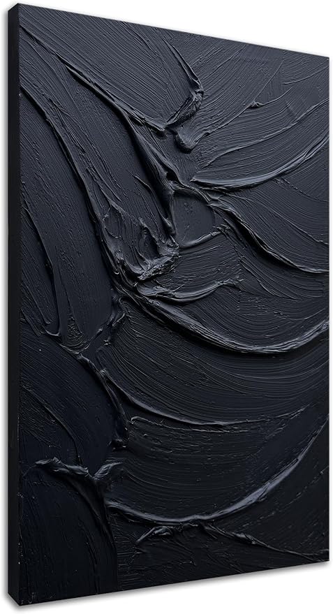 zoinart Hand Painted Thick Texture Black Minimalist Vertical Wall Art 24x36 Inches Black Oil Painting Contemporary Art Oil on Canvas Home Office Corridor Wall Art