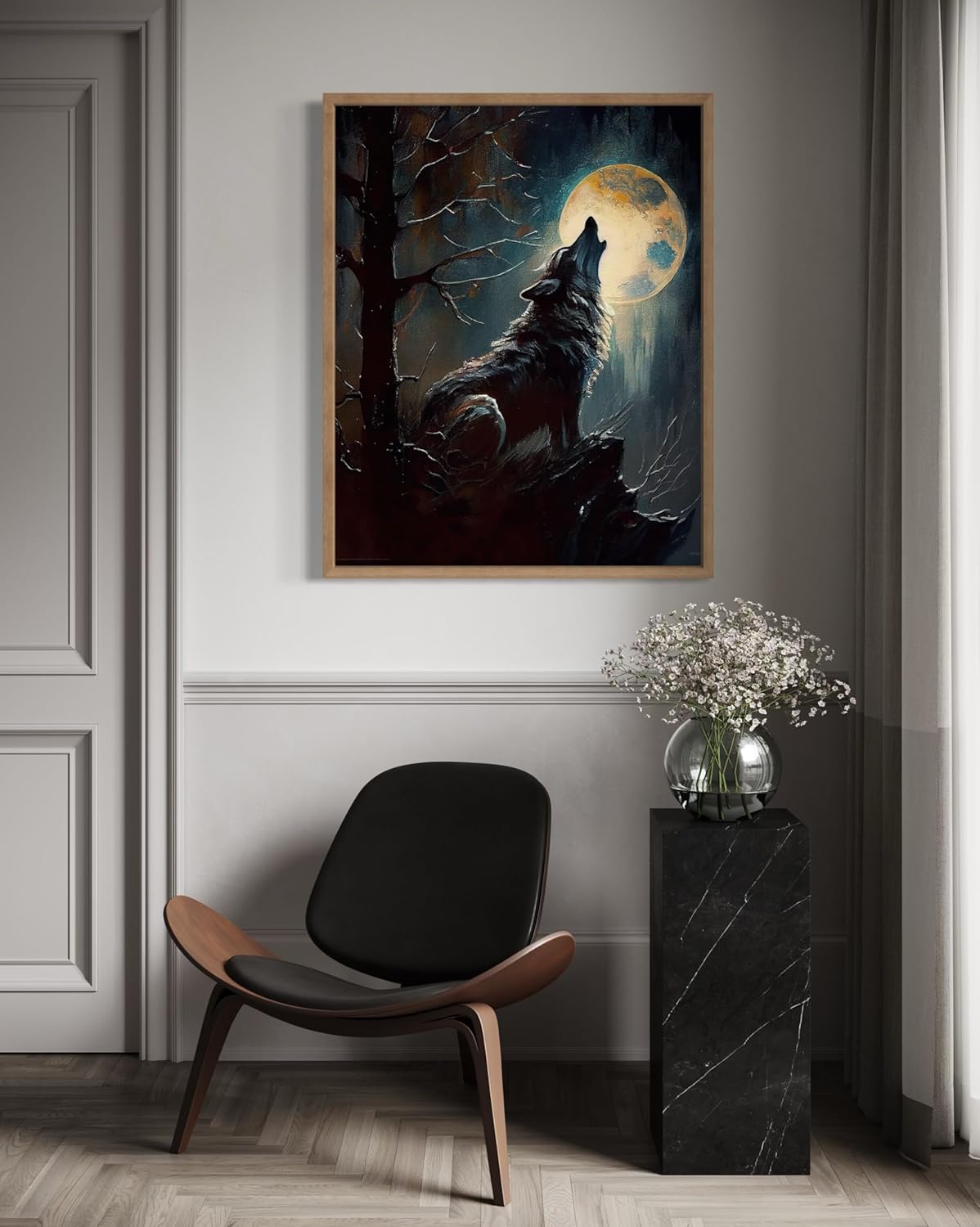 Wolf howling Poster Art Print, Halloween Scary Vintage Wall Art Academia Spooky Painting Decoration for Horror Prints, Gothic Posters Bedroom Decor 89 (Wolf howling, 8 x 10 inches, Wood Frame)