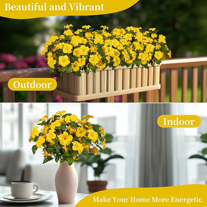 19 Inch Artificial Fake Flowers for Outdoor,4 Pcs Yellow Faux Silk Petunias Spring Flowers for Outside for Indoor Porch Planter Front Door Garden Patio Window Box Home Decor