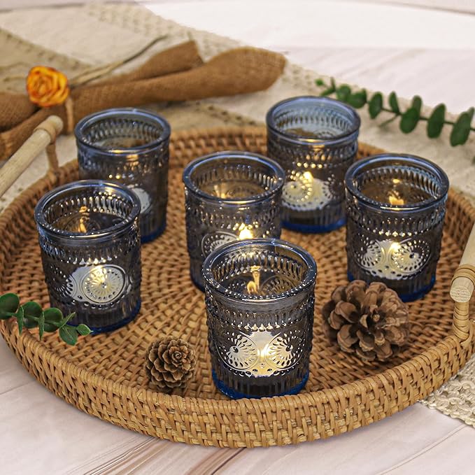 48 Pcs Blue Glass Votive Candle Holders, Tealight Candle Holders for Table Centerpieces, Vintage Candle Holder Bulk, Boho Wedding, Home, Bridal Shower, Birthday Party Table Decor (Blue)