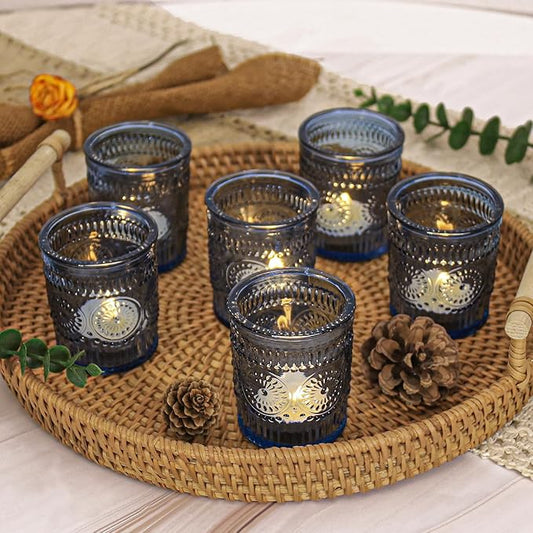48 Pcs Blue Glass Votive Candle Holders, Tealight Candle Holders for Table Centerpieces, Vintage Candle Holder Bulk, Boho Wedding, Home, Bridal Shower, Birthday Party Table Decor (Blue)