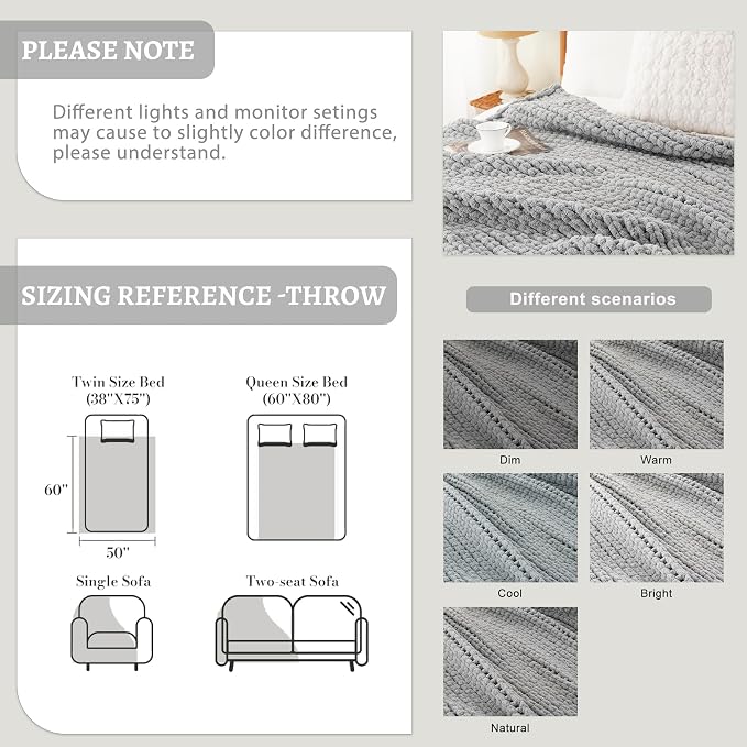 Battilo Chunky Knit Throw Blanket, Soft and Thick Chenille Throw Blanket, 50"x60" Handmade Cable Knit Crochet Blanket, Light Grey Knot Knitted Throw Blankets for Couch Sofa Bed Home Decor, Light Grey