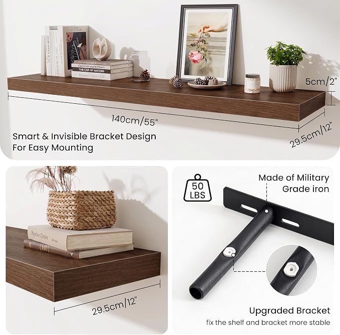 Fun Memories 55 Inch Floating Shelves for Wall - 12 Inch Deep Fireplace Mantel Shelf - Wood Floating Shelf for Wall - Large Storage Shelves Wall Mount for Living Room & Bedroom - Walnut - Set of 1