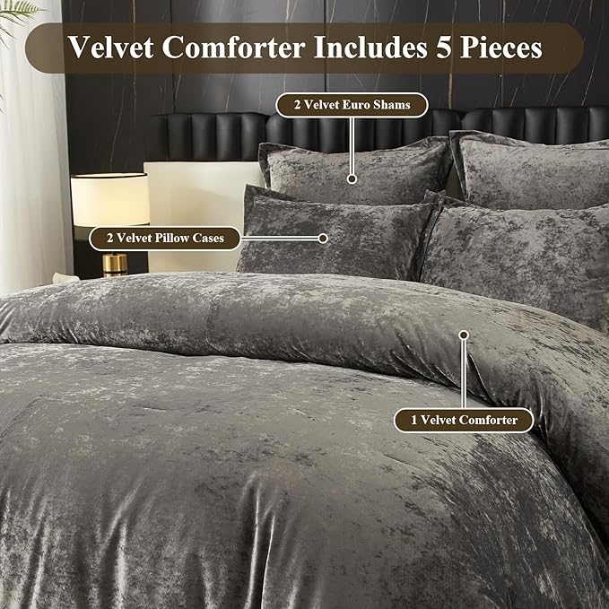 Ivellow Crushed Velvet Comforter Set Queen, Lightweight Comforter Set, 5pcs Ultra Soft Breathable Grey Comforter Set, Luxury Cozy Flannel Comforter Queen Size (1 Comforter,2 Pillow Shams, 2 Euro Shams