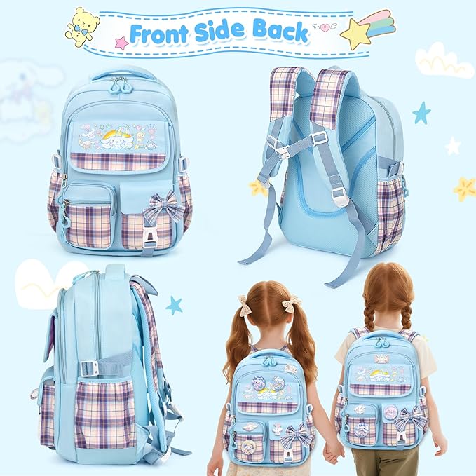 KIEAL 16.5/19IN School Backpack for Girls with 24Pcs Accessories, Anti-Theft Kids Backpack for Students, New Semester Presents with Pins and Card Holder