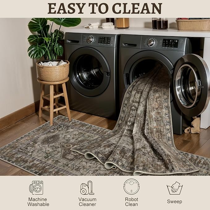 Tangsoo 2.6x10 Washable Hallway Runner Rug, Non Slip Vintage Runner Rug for Hallways, Soft Low Pile Long Rug Runner, Print Distressed Carpet Runners for Kitchen Bedroom Entryway Living Room Grey