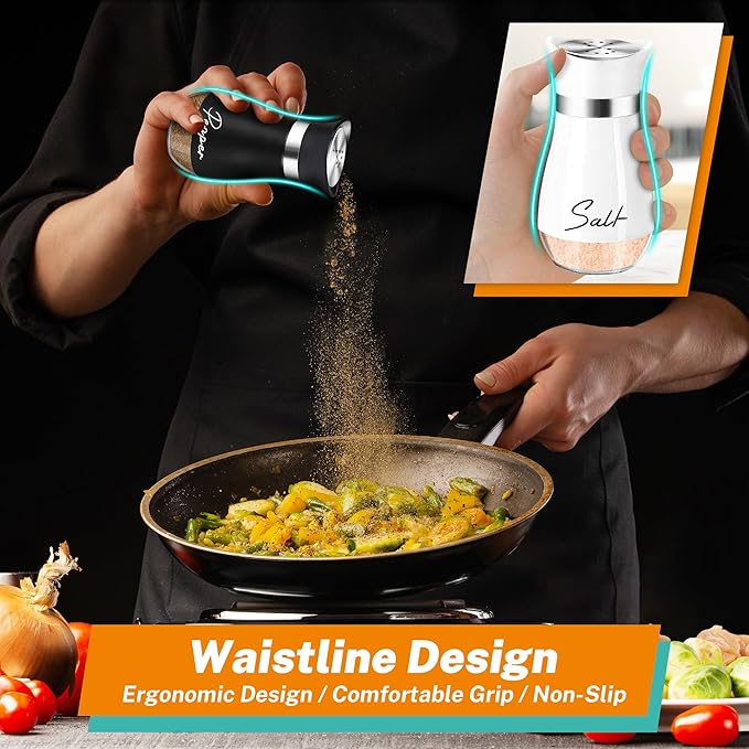 Salt and Pepper Shakers Set with Holder,4 oz Bottom Salt Shaker with Stainless Steel Lid for Kitchen Gadgets Cooking Table Housewarming Gift Christmas Decor Refillable Design (Black + White)