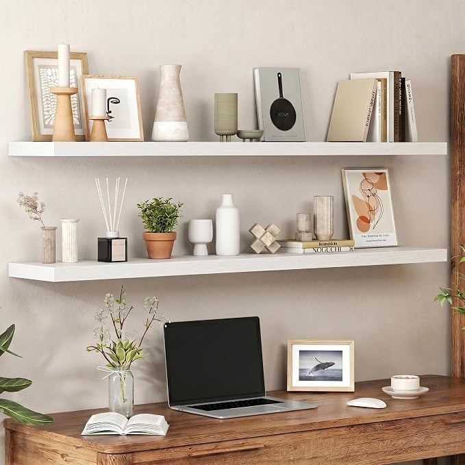 Heimlove 55 Inch Long Floating Shelves for Wall,9.3" Deep White Floating Shelves Set of 2,Large Display Shelf & Storage Shelf,Wall Mounted Shelves for Bedroom Living Room Kitchen Office