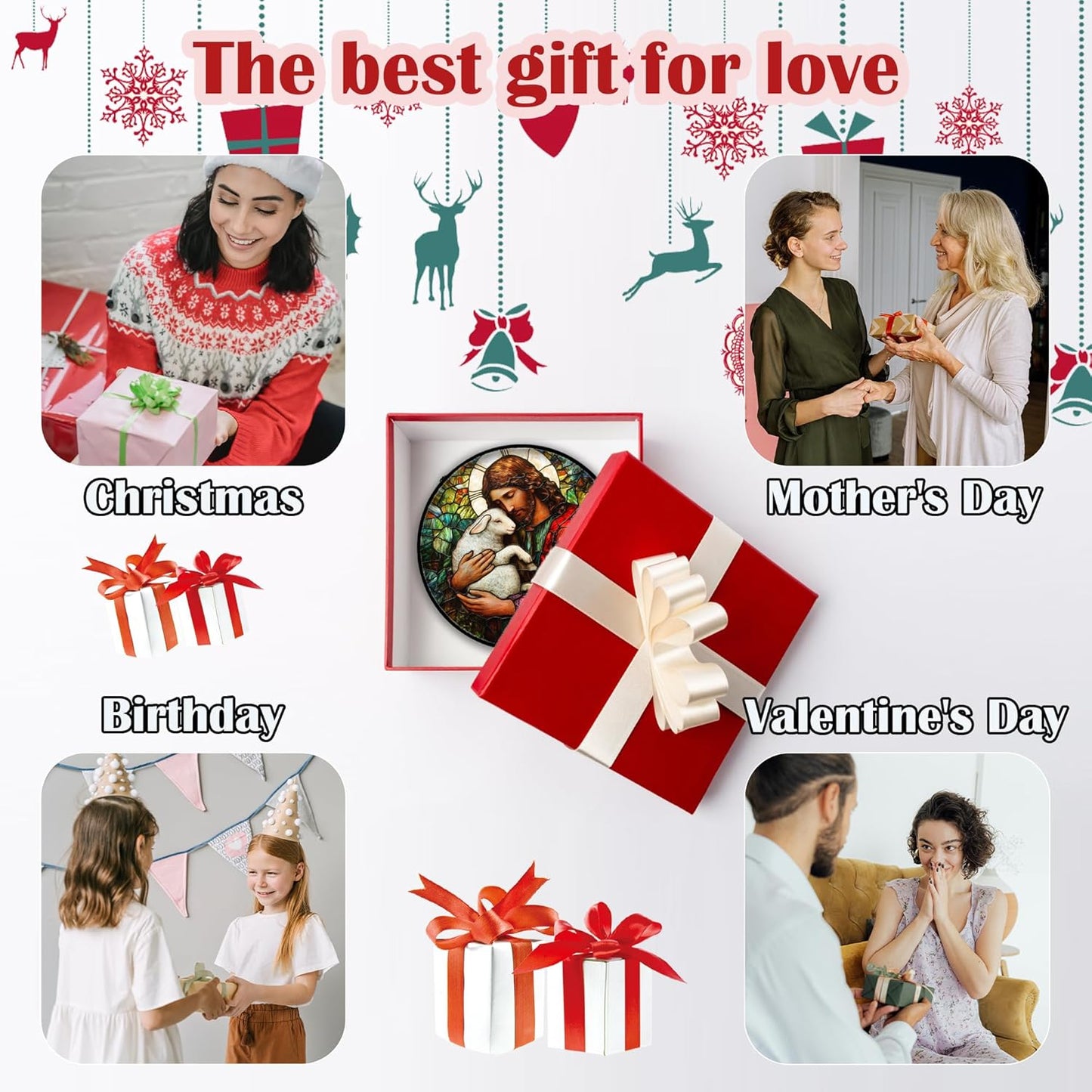 Stained Glass Window Hanging, Jesus Little Lamb Sun Catchers Colorful Glass Panel Christianity Suncatcher Decor for Birthday for Women, Men, Wife, Aunt, and Mom 6.3 in