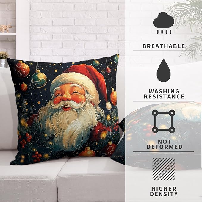 Christmas Santa Pillow Covers Xmas Throw Pillow Covers 20x20 Set of 2 Black Red Holiday Pillowcase Double Sided Printing Cotton Linen Cushion Case for Living Room Sofa Couch