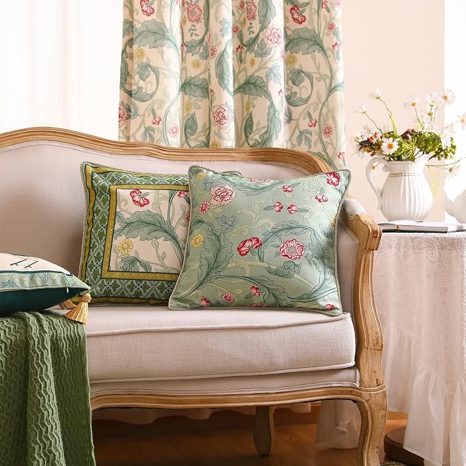 patdrea French Vintage Linen Throw Pillow Cover,18"x18",Set of 2-Cecilia B | Decorative Pillow Case with Zipper,Green Floral Pattern,Cushion Coverfor Couch Living Room Bedroom Sofa