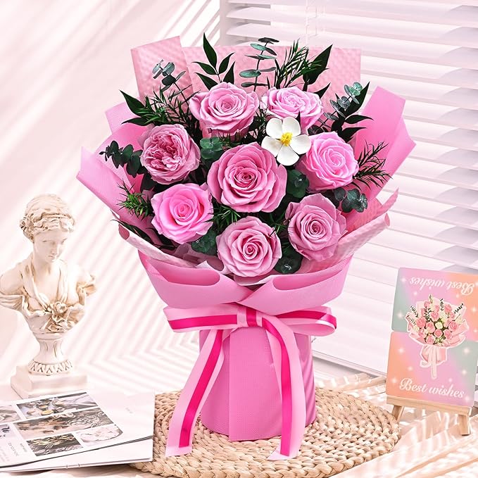 Forever Rose Flowers for Delivery, 8-Piece Preserved Roses Bouquet Birthday Gifts for Women, Long Lasting Purple Roses with Gift Box for Mom, Forever Flowers with Vase for Her Wife Girlfriend