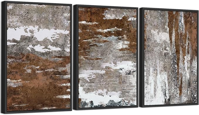 Large Framed Canvas Wall Art - Rustic Brown and White Abstract Pictures for Living Room Aesthetic Vintage Wall Decor Retro Prints for Bedroom Dinning Room Black Float Framed 20" X 28" X 3 pcs