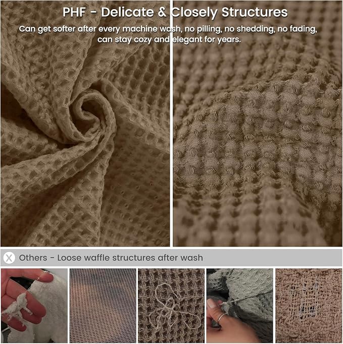 PHF Pre-Washed Cotton Waffle Weave Blanket King Size for Bed, Snag Proof Throw Blanket for Couch Spring Summer Lightweight Breathable,Oeko-TEX Certified,Machine Washable,Home Decor Gift -Walnut Brown