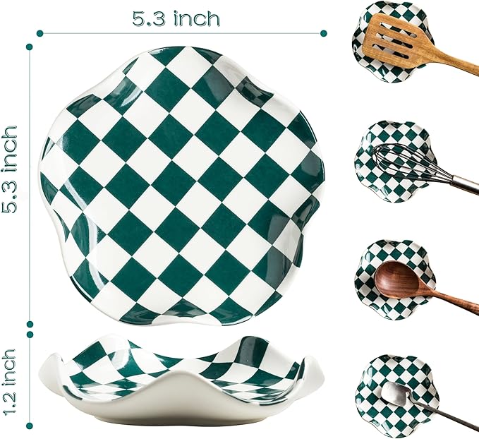 Miamolo Checkered Spoon Rest for Kitchen Counter, Cooking Spoon Holder for Stove Top, Large Utensil Spatula Rest Tray, Cute Kitchen Gadgets Gift for Housewarmings Weddings