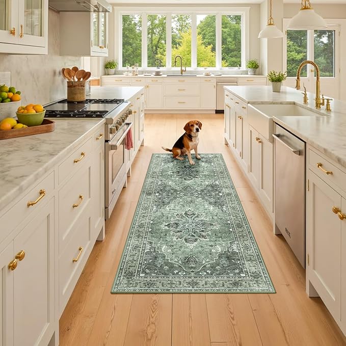 RELEANY Area Rugs 2'x6' Runner Rug Non Slip Washable for Kitchen Hallway Bedroom Beside Laundry Room Bathroom Rug, Floor Carpet, Dark Green Gray
