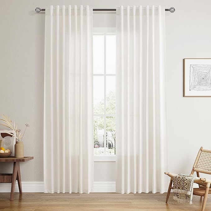 Nanspring Beige White Linen Curtains & Drapes for Living Room 84 inch Long Back Tab Rod Pocket Boho Country Rustic Semi Sheer Privacy Assured with Light Filtering for Bedroom W50 x L84, 2 Pieces