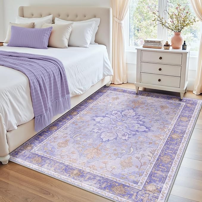 RELEANY Area Rugs 4'x5' Washable Non-Slip, Floral Vintage Distress Print Pattern Medallion Carpet for Living Room Bedroom Dining Room, Light Purple Brown