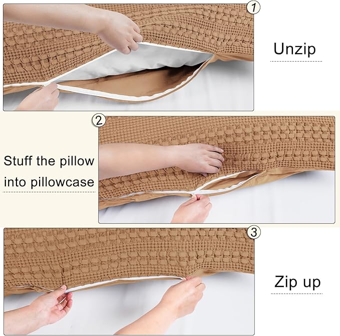 PHF 100% Cotton Waffle Body Pillowcase with Zipper, 1 Pack 20" x 54" Soft Skin-Friendly Pillow Sham, No Filling, Aesthetic Woven and Breathable Waffle Weave Body Pillow Cover for Bed, Clay