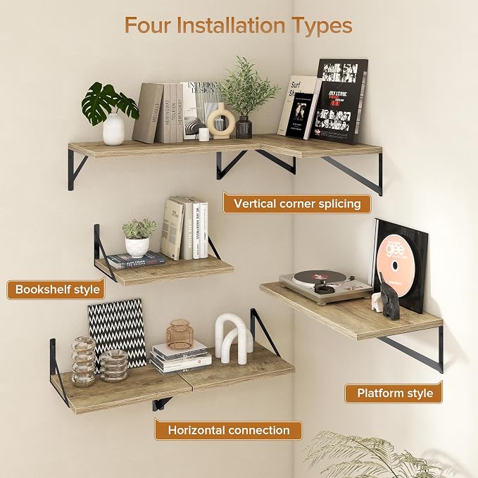 Acovy Deep Floating Shelves Wall Mounted, 48"x12" Gray Wall Shelves with Brackets Set of 2 for Bedroom, Living Room, Bathroom, Kitchen, Office - Storage & Display Shelf for Decor, Books, Plants