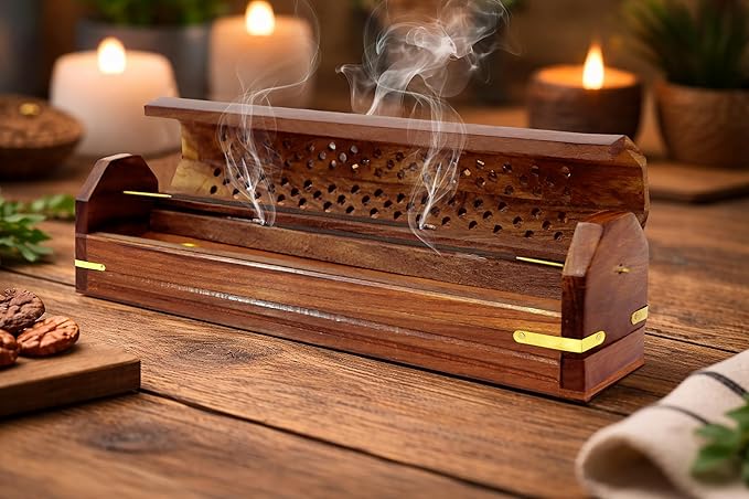 Sheesham Wood Incense Burner Holder – Set of 2 Coffin Style Carved Lattice Lid Ribbed Wood Detail Incense Box - Hidden Storage & Ash Catcher – Aromatherapy Stick & Cone Burner - 12x2x2 – COTTON CRAFT