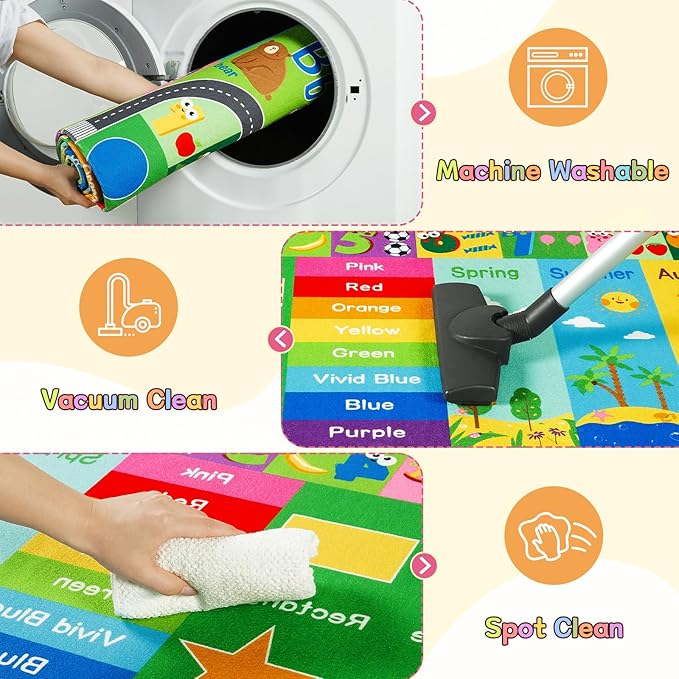 HOMORE Kids Rug, 9x12 Large Educational Rugs for Classroom Kids Collection ABC Rug for Learning Alphabet, Numbers, Colors, Season and Animal Words, Play Rugs for Playroom,Green