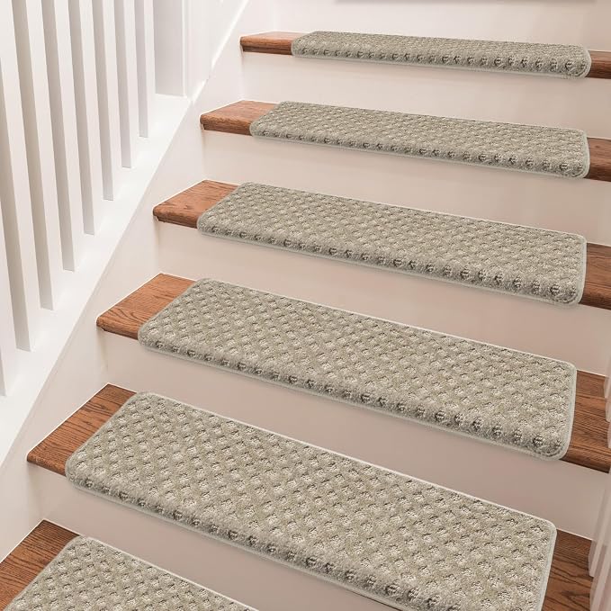 PURE ERA Bullnose Carpet Stair Treads Tape Free Non-Slip Indoor Stair Protectors Pet Friendly Stair Treads for Wooden Steps 9.5" x 30"(7 Pieces,Cream Gray Mini-Diamond Trellis)