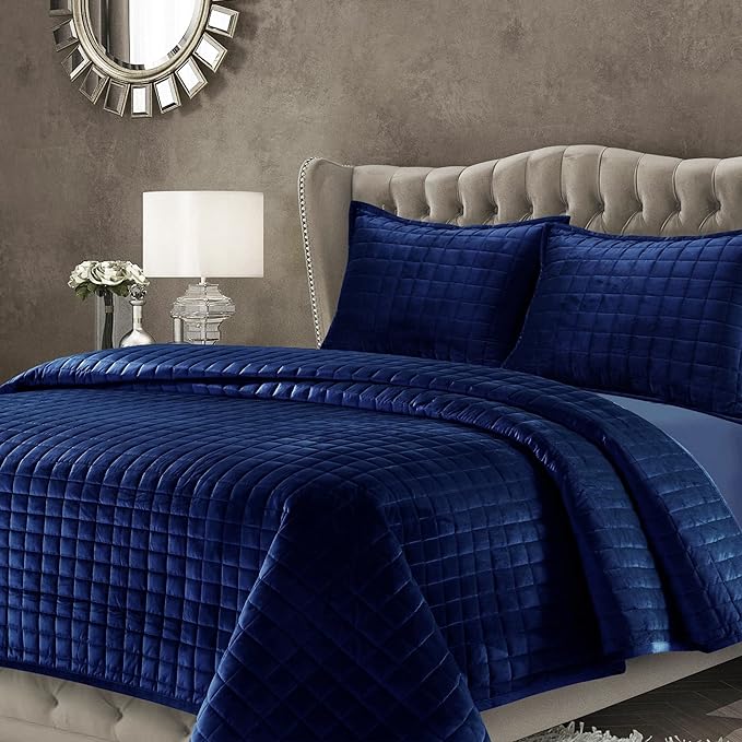 Tribeca Living Luxury Velvet Quilt Twin Size Set - 260GSM Ultra-Soft Oversized Velvet Bedspread Comforter Set with 1 Sham, in Florence Navy Blue