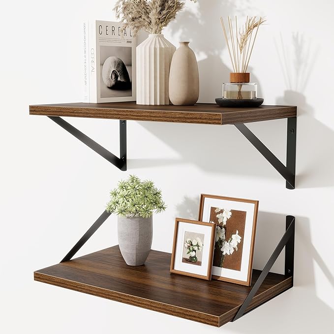 Acovy Floating Shelves for Wall,18" Wall Mounted Shelves Set of 2,Wood Floating Shelf with Bracket,Sturdy Metal Bracket Bookshelves Home Decor Storage for Living Room,Bedroom,Bathroom,Kitchen,Walnut