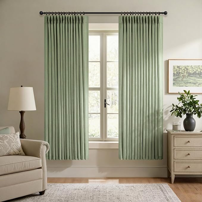 Sage Green Pinch Pleated Linen 72 Inch Curtains 2 Panels Set for Living Room Dining Light Green Curtains Pleat Drapes for Track System Light Filtering Semi Sheer Curtains for Bedroom Office 40x72 Long