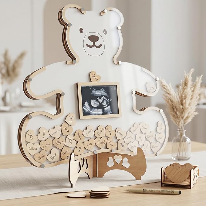 The Real Bossy Baby - Teddy Bear Guest Book Frame Keepsake for Baby Shower - Gender Reveal - Birthday - Large Premium Wood Shadow Box Display - Unique Gift Idea - Personal Nursery Decor - Ultrasound Frame - We Can Bearly Wait Theme - Includes Wooden He...