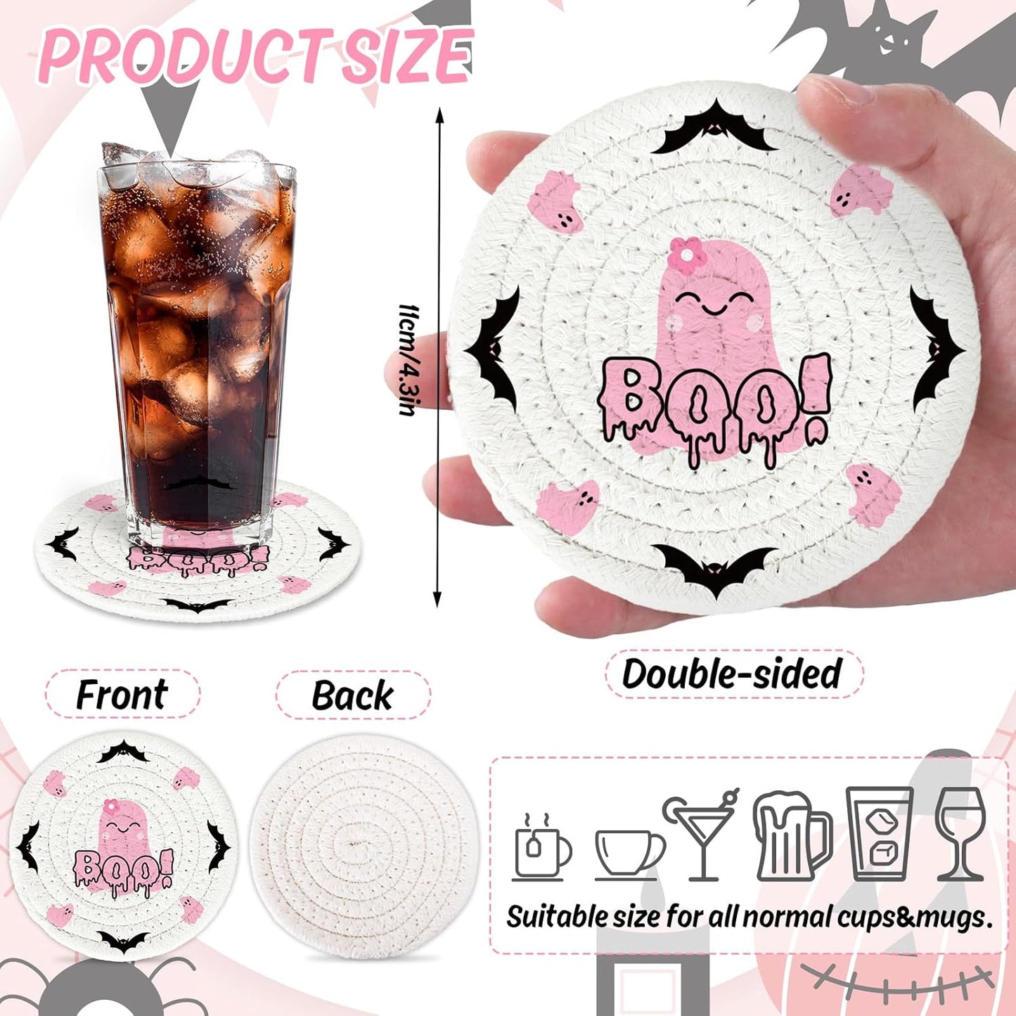 Whaline 4Pcs Halloween Handmade Braided Cotton Coasters Pink Black Pumpkin Ghost Boo Drink Coasters Absorbent Cup Coasters for Home Office Party Decor, 4.3 Inch