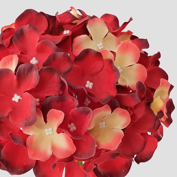 JINWOE 5Pcs Red & Yellow Silk Hydrangea Flowers,20Inch Large Lifelike Flowers,Halloween Christmas Artificial Hydrangeas for Indoor Bouquet Table Centerpieces Floral Arrangements Home Wedding