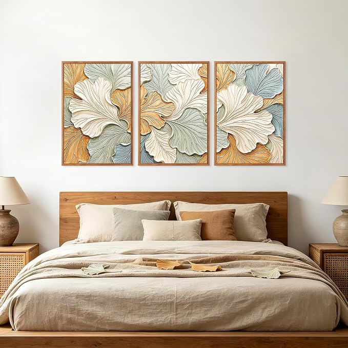 CHDITB 3D Neutral Earth Tone Impasto Ginkgo Leaf Textured Framed Canvas Wall Art Set, Pastel Minimalist Relief Wall Decor, Modern Art Prints for Living Room Hallway Bedroom Home Decor 24"x36"x3